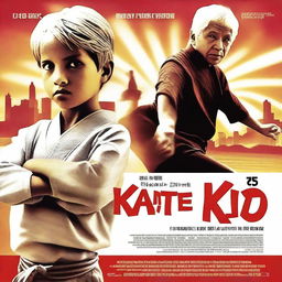 Generate an image of a movie poster for 'Karate Kid 5', featuring a young boy in a karate stance, with a wise, elderly mentor in the background