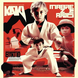 Generate an image of a movie poster for 'Karate Kid 5', featuring a young boy in a karate stance, with a wise, elderly mentor in the background