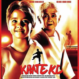 Generate an image of a movie poster for 'Karate Kid 5', featuring a young boy in a karate stance, with a wise, elderly mentor in the background