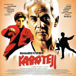 Generate an image of a movie poster for 'Karate Kid 5', featuring a young boy in a karate stance, with a wise, elderly mentor in the background