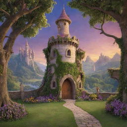 A magical photography backdrop showcasing Rapunzel's tower from Disney's 'Tangled', set in a lush landscape. The tower should be intricately detailed, with glowing, fairy-tale-like ambiance.