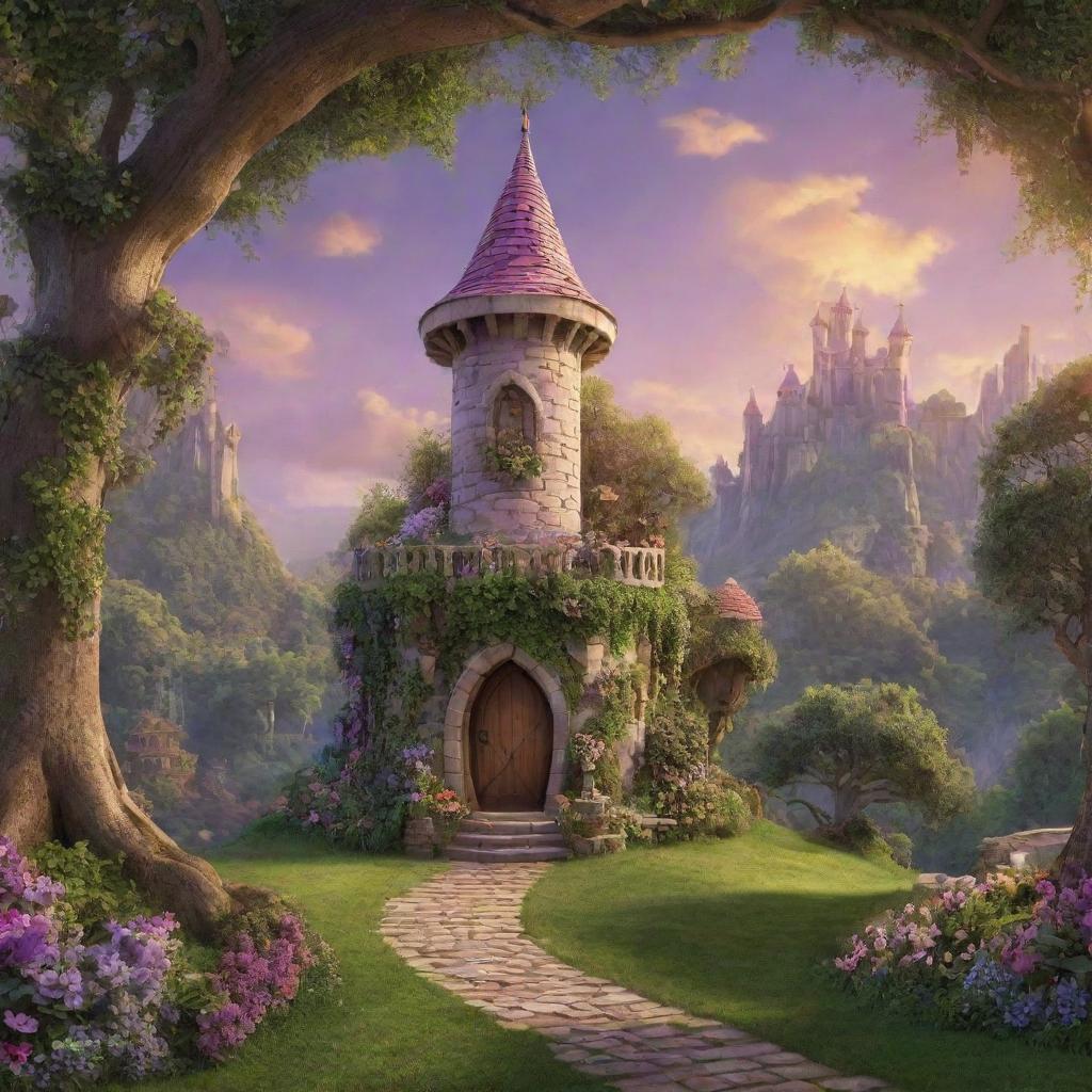 A magical photography backdrop showcasing Rapunzel's tower from Disney's 'Tangled', set in a lush landscape. The tower should be intricately detailed, with glowing, fairy-tale-like ambiance.