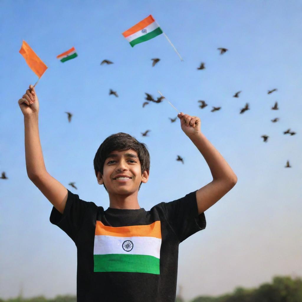 A 3D image of a teenager boy, named Raviteja, wearing a black shirt and celebrating Delhi's Republic Day. He holds an Indian flag with a blue sky backdrop, and doves flying in the sky.