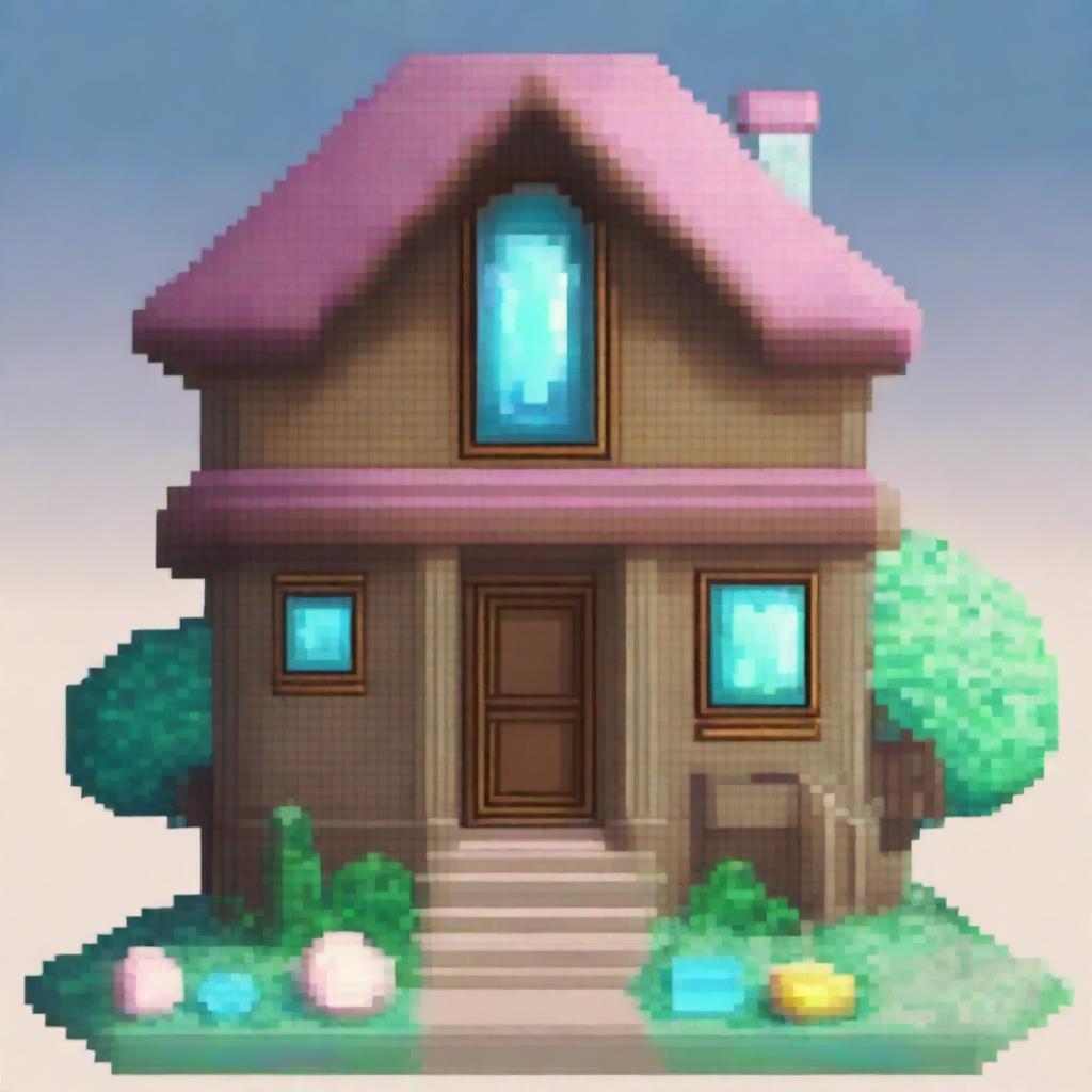 Create a 64x64 pixel art of a large, cute mineral house with a gemstone roof