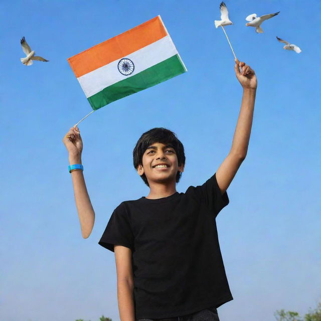 A 3D image of a teenager boy, named Raviteja, wearing a black shirt and celebrating Delhi's Republic Day. He holds an Indian flag with a blue sky backdrop, and doves flying in the sky.