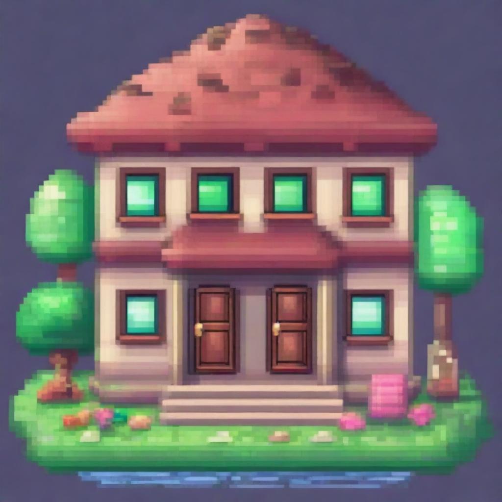 Create a 64x64 pixel art of a cute house inside a large gemstone, surrounded by large crystals