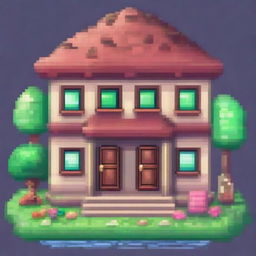 Create a 64x64 pixel art of a cute house inside a large gemstone, surrounded by large crystals