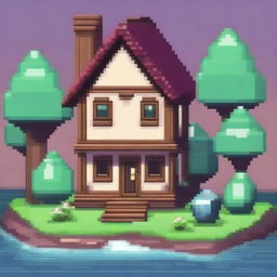 Create a 64x64 pixel art of a cute house inside a large gemstone, surrounded by large crystals