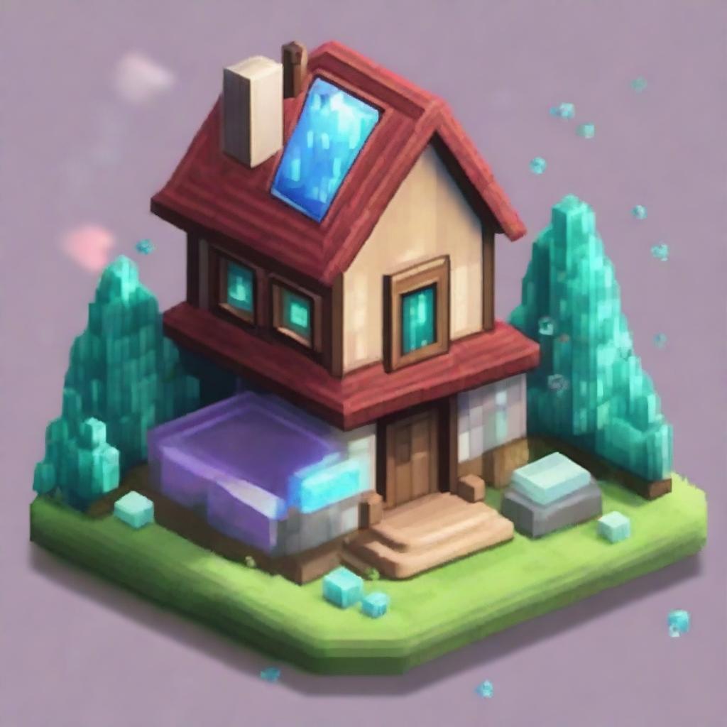 Create a 64x64 pixel art of a cute house inside a large gemstone, surrounded by large crystals