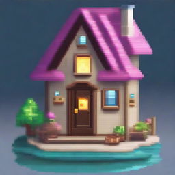 Create a 64x64 pixel art of a cute house inside a large gemstone, surrounded by large crystals