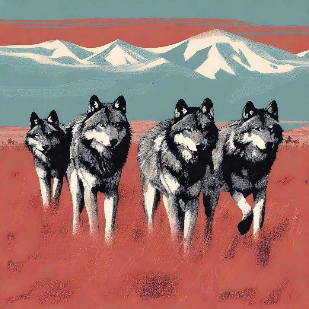 Generate an image of a wolf pack on the Inner Mongolian Grasslands in the style of a movie poster