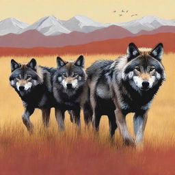 Generate an image of a wolf pack on the Inner Mongolian Grasslands in the style of a movie poster