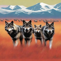 Generate an image of a wolf pack on the Inner Mongolian Grasslands in the style of a movie poster