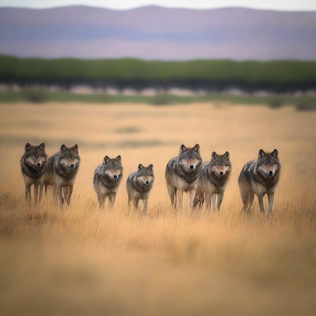 Generate an image of a wolf pack on the Inner Mongolian Grasslands