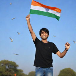 A 3D image of a teenager boy, named Raviteja, wearing a black shirt and celebrating Delhi's Republic Day. He holds an Indian flag with a blue sky backdrop, and doves flying in the sky.