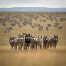 Generate an image of a wolf pack on the Inner Mongolian Grasslands