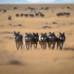 Generate an image of a wolf pack on the Inner Mongolian Grasslands