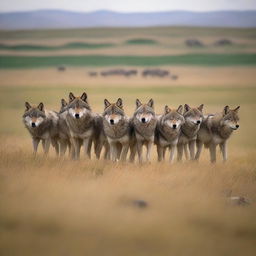 Generate an image of a wolf pack on the Inner Mongolian Grasslands