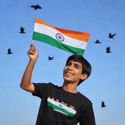 A 3D image of a teenager boy, named Raviteja, wearing a black shirt and celebrating Delhi's Republic Day. He holds an Indian flag with a blue sky backdrop, and doves flying in the sky.