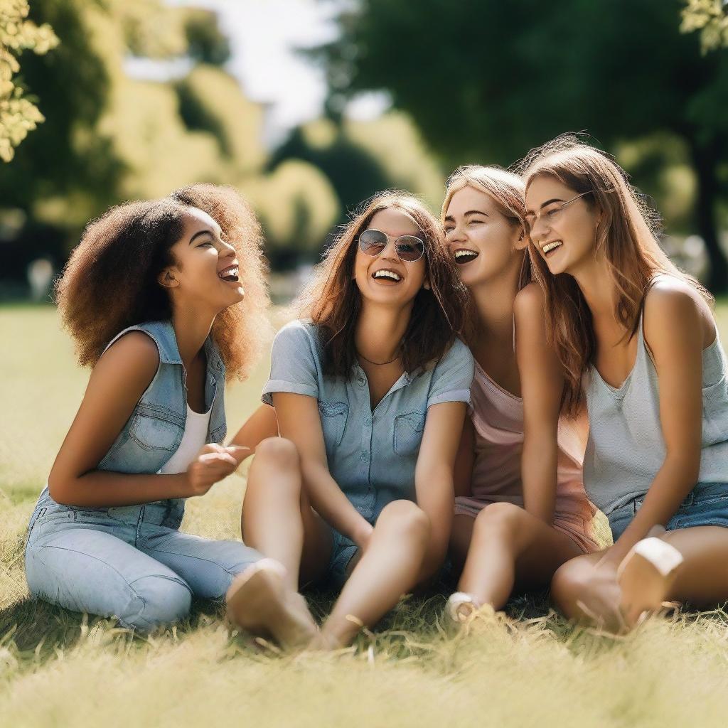 Generate an image of a group of girls hanging out together in a park during a sunny day