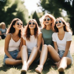 Generate an image of a group of girls hanging out together in a park during a sunny day