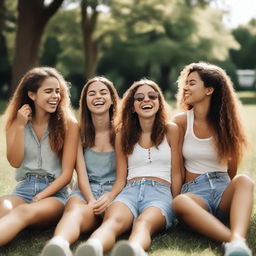 Generate an image of a group of girls hanging out together in a park during a sunny day