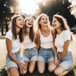 Generate an image of a group of girls hanging out together in a park during a sunny day