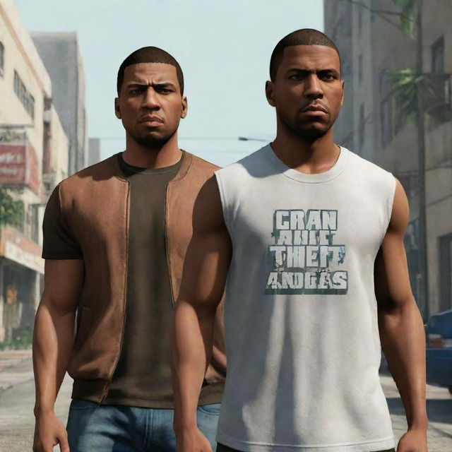 Carl 'CJ' Johnson and Michael De Santa from Grand Theft Auto standing face to face in the urban streets of San Andreas, looking intense with game logo visible in the background.