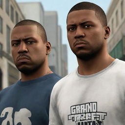 Carl 'CJ' Johnson and Michael De Santa from Grand Theft Auto standing face to face in the urban streets of San Andreas, looking intense with game logo visible in the background.