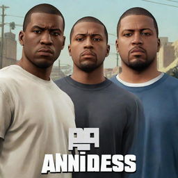 Carl 'CJ' Johnson and Michael De Santa from Grand Theft Auto standing face to face in the urban streets of San Andreas, looking intense with game logo visible in the background.