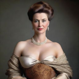 A portrait of a woman with a large bust, clothed in a tasteful and respectable manner