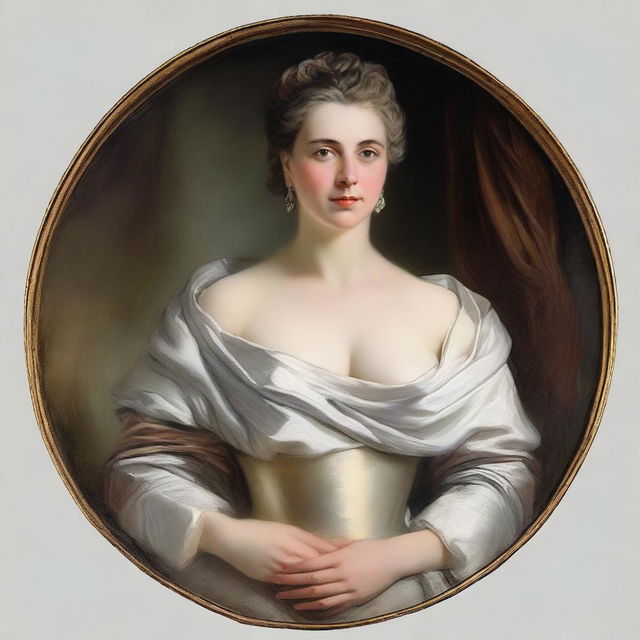 A portrait of a woman with a large bust, clothed in a tasteful and respectable manner