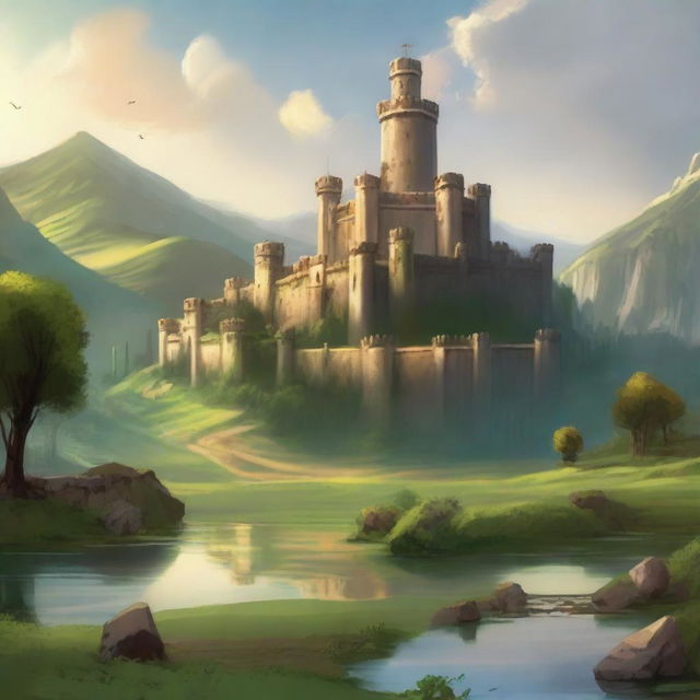 Generate an image of a majestic, fantasy-inspired kingdom ('reino' in Spanish) with towering castles, lush green fields, and a serene river flowing through it