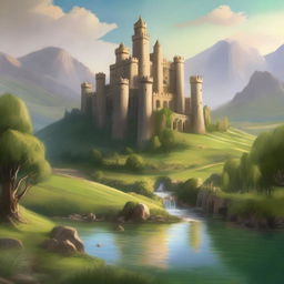 Generate an image of a majestic, fantasy-inspired kingdom ('reino' in Spanish) with towering castles, lush green fields, and a serene river flowing through it