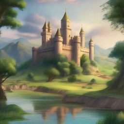 Generate an image of a majestic, fantasy-inspired kingdom ('reino' in Spanish) with towering castles, lush green fields, and a serene river flowing through it