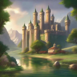 Generate an image of a majestic, fantasy-inspired kingdom ('reino' in Spanish) with towering castles, lush green fields, and a serene river flowing through it