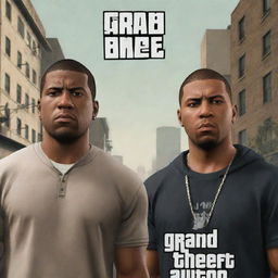 Carl 'CJ' Johnson and Michael De Santa from Grand Theft Auto standing face to face in the urban streets of San Andreas, looking intense with game logo visible in the background.