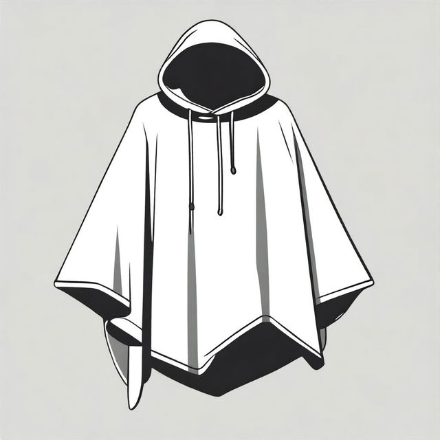 Generate a simple, clipart style drawing of a hooded poncho in black and white