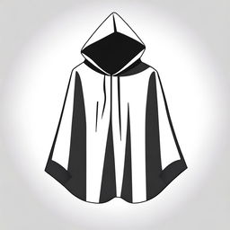 Generate a simple, clipart style drawing of a hooded poncho in black and white