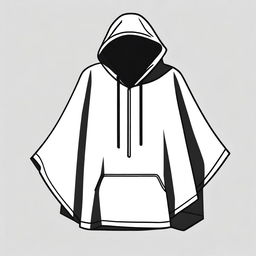 Generate a simple, clipart style drawing of a hooded poncho in black and white