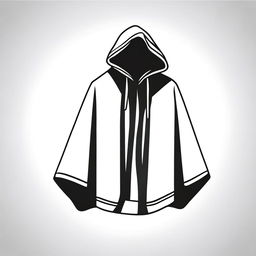 Generate a simple, clipart style drawing of a hooded poncho in black and white