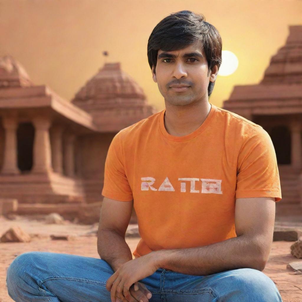 A 3D illustration of a 21-year-old boy in an orange shirt, with 'Ravi Teja' written on the back, sitting in front of the Lord Ram temple as the sun sets.