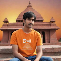 A 3D illustration of a 21-year-old boy in an orange shirt, with 'Ravi Teja' written on the back, sitting in front of the Lord Ram temple as the sun sets.