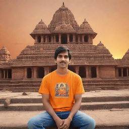 A 3D illustration of a 21-year-old boy in an orange shirt, with 'Ravi Teja' written on the back, sitting in front of the Lord Ram temple as the sun sets.