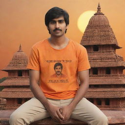 A 3D illustration of a 21-year-old boy in an orange shirt, with 'Ravi Teja' written on the back, sitting in front of the Lord Ram temple as the sun sets.