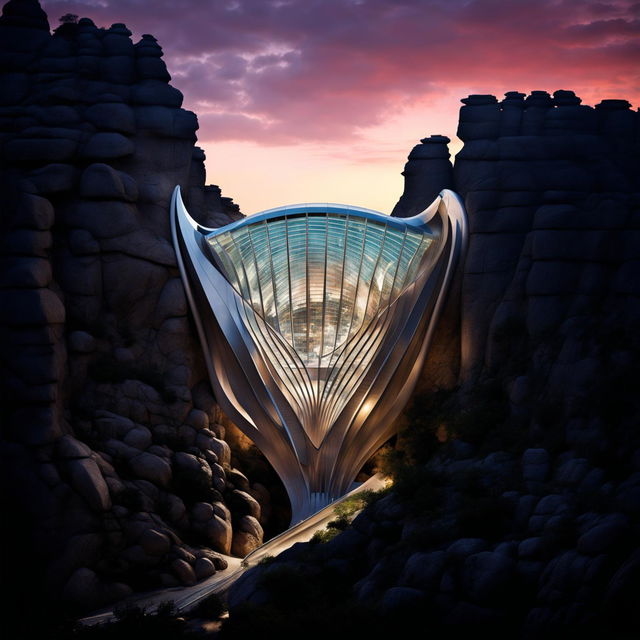 A futuristic structure in Santiago Calatrava's style spans between two cliffs. The architectural photograph captures the structure's organic forms and sweeping lines, contrasting with the rugged cliffs. The setting sun illuminates the structure from within.