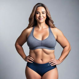 A woman in tight-fitting athletic wear showcasing her curvaceous figure and medium-sized bust