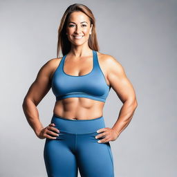 A woman in tight-fitting athletic wear showcasing her curvaceous figure and medium-sized bust