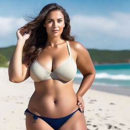 A woman with a curvaceous figure and large bust, wearing a bikini