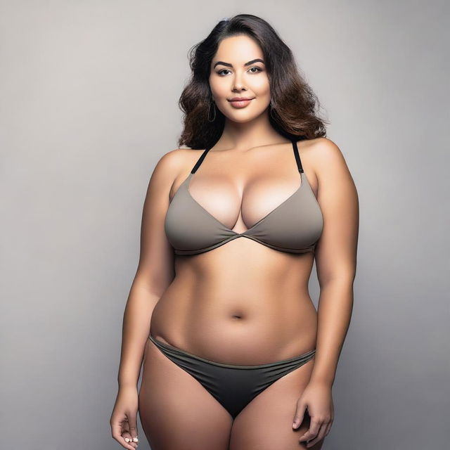 A woman with a curvaceous figure and large bust, wearing a bikini